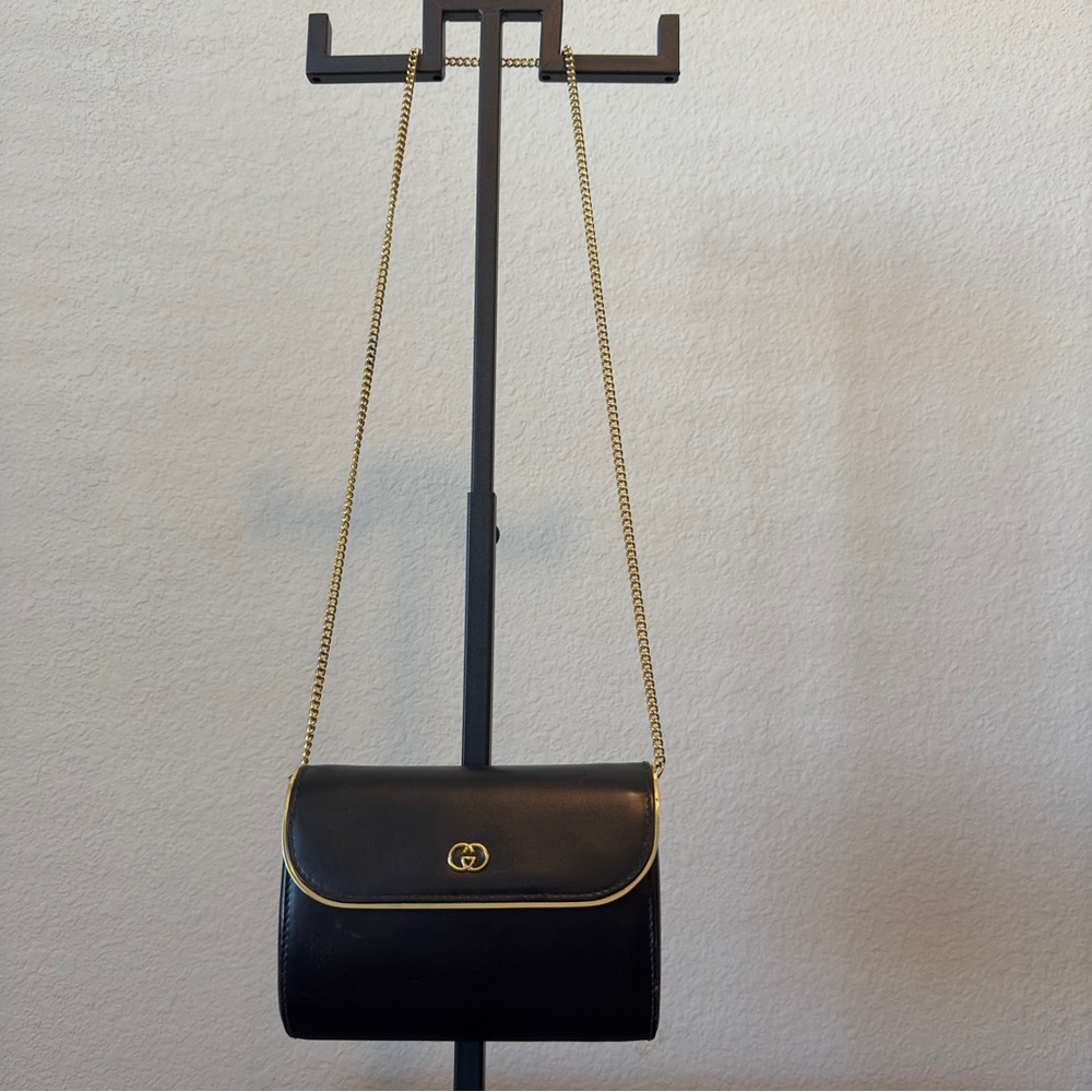 Vintage Gucci 1980s Chain Strap Evening Black Leather Crossbody Bag
